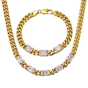 Chaîne à maillons cubains de 10 mm, colliers, bracelets ras du cou, bijoux en cristal propre, acier inoxydable plaqué or 18 carats pour femmes, accessoires de mode 8 à 24 pouces