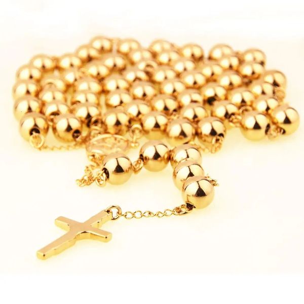 10mm couleur argent doré perles en acier inoxydable chapelets chapelet en métal perles rondes collier catholicisme prière bijoux religieux 240306