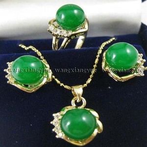 10mm Groene Jades Oorbellen Ring Ketting Hanger Set verguld horloge hele Quartz steen CZ crystal316U