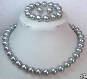 Juego de pulsera y pendientes con collar de perlas de concha del Mar del Sur, color gris, 10MM