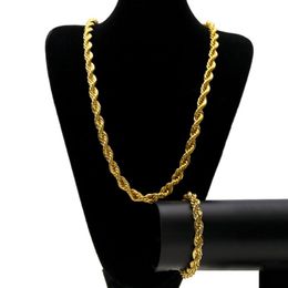 10MM Hip Hop ed Cadenas de cuerda Conjunto de joyas Chapado en oro y plata Grueso Collar largo pesado Pulsera Brazalete para hombres Joyería de roca A277L