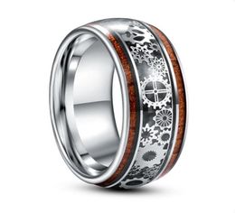 Anillo de carburo de tungsteno con diseño de engranaje de grano de madera con incrustaciones de 10 mm Men039s Moda Color plata Joyería para hombre Anillos de boda 4417025