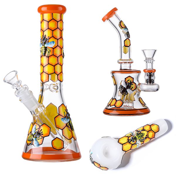 7-10 pouces Styles d'abeilles Narguilés Tube droit Mini conduites d'eau Petite huile Dab Rigs 14mm Joint Bécher en verre Bongs avec bol Vente également Pipe à fumer