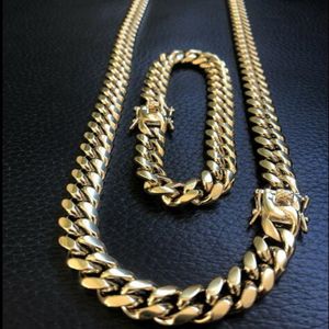 10 mm heren Miami Cuban Link Bracelet Chain Set 14K Gold vergulde roestvrij staal 241V