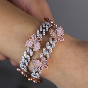 10mm Miami chaîne à maillons cubains rose papillon charme glacé CZ bracelet cubain pour femmes 17CM 19cm251g