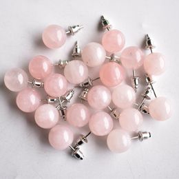 10 MM Piedra Natural Cristal Ojo de Tigre Cuarzo Rosa Turquesas Amatista Ágata Roja Perlas Pendiente del perno prisionero para las mujeres Pendientes de acero inoxidable