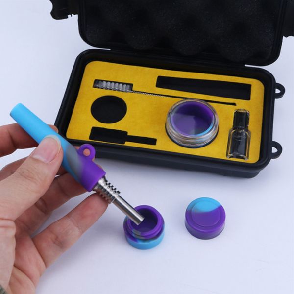 10mm Nectar Collector Dabs Sets Pipa de fumar de silicona con kit de contenedor de cera de uñas de titanio Paquete de caja de plástico Pipa de agua Bong