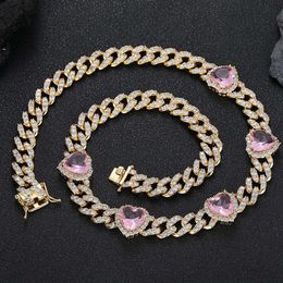 Bijoux en Zircon rose 10mm pour hommes, chaîne cubaine Hip Hop, cœur de pêche, collier pour femmes