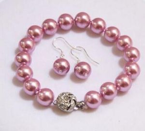 Gratis verzending + + 10 mm Purple Shell Pearl sieraden Kralen oorbellen Bracelet Set 7.5 ''