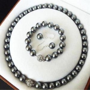 Collier et boucles d'oreilles en perles de coquillage gris foncé des mers du sud, 10mm, ensemble 2555