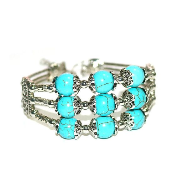 Bracelet tibétain en argent turquoise à trois rangées de 10mm, bijoux faits à la main, DIY, WY1188