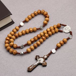 Cuentas de madera de 10 mm collares de rosario para mujeres Silver Cristiana Virgen María Crucifijo Cross Jesus Pendiente Cadena tejida de joyería católica Regal de joyería religiosa
