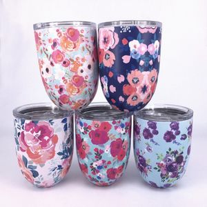 10oz bloemen zeemeermin schaal afdrukken eierschaal mok wijnglas cup met deksel roestvrij staal dubbele wand vacuüm ei bier waterfles 4 kleur