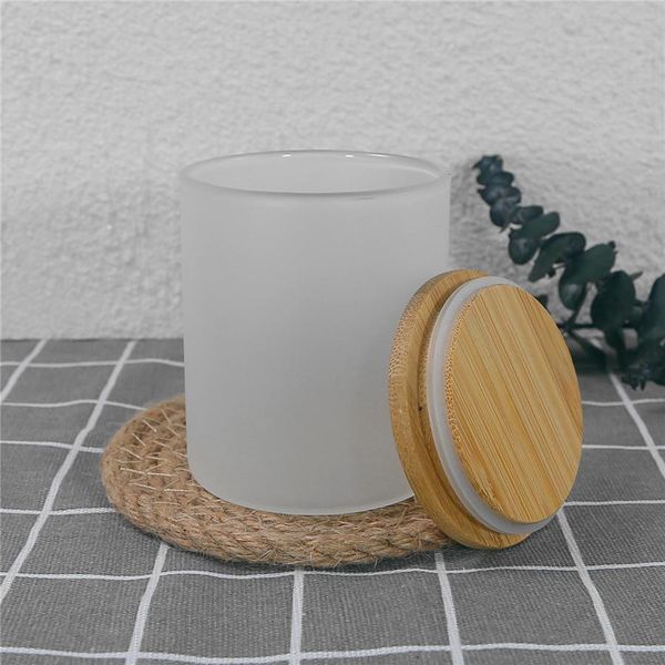 Vaso de vidrio recto corto de 10 oz, portavelas de sublimación, velas de té, taza con tapa de bambú, tazas de velas de fragancia esmerilada transparente, mini vasos, vasos locales de EE. UU.