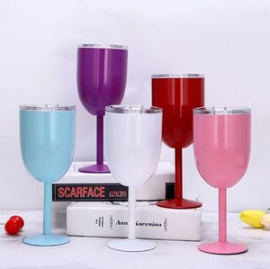 10oz Rvs Wine Goblet Sealed Wine Glas Stemless Tumbler Dubbele Wandvacuüm met Deksel OnbreakeBle voor Travel Party Home BES121