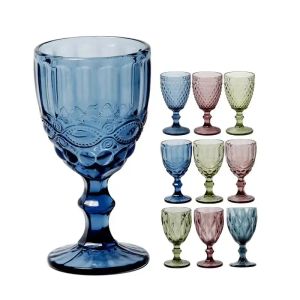 10oz wijnglazen gekleurde glazen beker met steel 300ml vintage patroon reliëf romantisch drinkgerei voor feest bruiloft mokken FY5509 0124