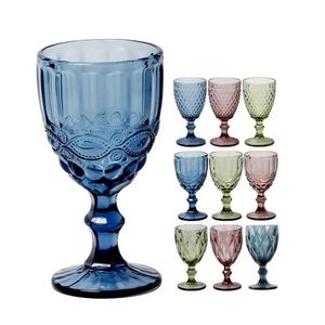 Copas de vino de 10 oz Copa de vidrio coloreada con tallo 300 ml Patrón vintage Vajilla romántica en relieve para fiestas Tazas de boda FY5509202S