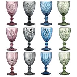 10oz wijnglazen Cup gekleurde glazen beker met stengel 240 ml vintage patroon emed romantische drinkware 4 kleuren voor feest bruiloft verjaardag festival 417