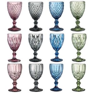 10OZ Verres à Vin Coupe Gobelet en Verre Coloré avec Tige 240ml Motif Vintage en Relief Romantique Drinkware 4 Couleurs pour Fête Mariage Anniversaire Festival