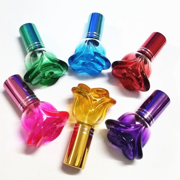 10PC 6ml botella de Perfume de vidrio vacía en forma de rosa de colores pequeña muestra botella de pulverizador de aroma recargable de Perfume portátil