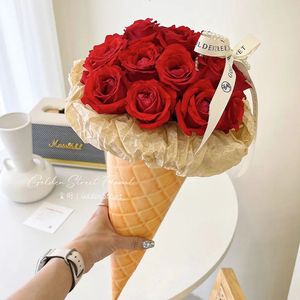 10 Pc Cône De Crème Glacée Bouquet Papier D'emballage Forme De Crème Glacée Boîte À Fleurs Rose Emballage Sac Artisanat De Mariage Saint Valentin Cadeau Décor 240117