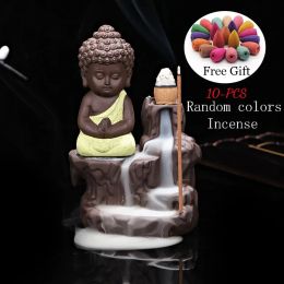 Conos de incienso de 10 piezas + quemador decoración creativa para el hogar el pequeño monje pequeño buddha incensario de incienso de incienso en la casa de té del hogar