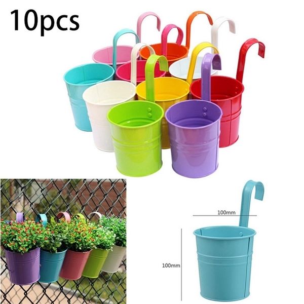 10pc fleur en métal suspendu pot de fleur crochet mur amovible couleur bonbon fer seau étain jardin balcon suspendu panier succulent nouveau T200529