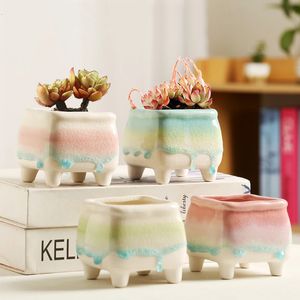Pot en céramique glaçure à flux de Style nordique, 10 pièces, plante de Cactus colorée, décoration de jardin de maison, petit Pot de plante coloré 240118