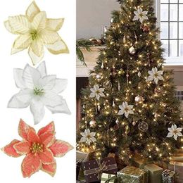 10 Uds. De flores artificiales con purpurina de 12cm, decoración de corona navideña, flor falsa de Poinsettia para fiesta de boda, adorno de árbol de Navidad DIY 1285x