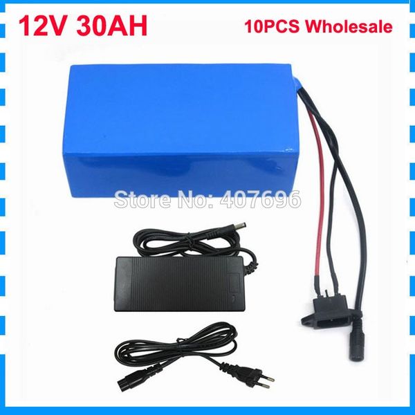 10 Uds 12V batería al por mayor 12V 30AH 30000MAH batería de iones de litio para 12V 3S Ebike UPS batería con cargador 30A 12,6 V 3A