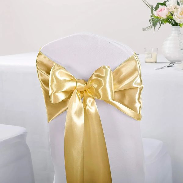 10pcs 17x275cm Gold Satin Chair Sashs Bows Cover Ribbons For Wedding Banquet Party Baby Shower Event Decorations 240407