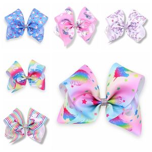 10 unids 18 cm Jojo Unicornio Arcos de pelo Clips de cocodrilo Amor Centro de diamantes de imitación Pintura ombre arco iris bowknot horquillas accesorios para la cabeza HD3513