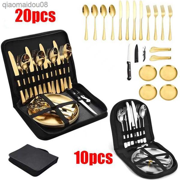 10PCS-20PCS Camping Vaisselle Ensemble Portable Couverts Kit En Acier Inoxydable Pique-Nique Or Disque Steak Couteaux Fourchettes Cuillère Ensemble avec Sac L230704