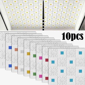 10 pcs 3D Stéréo Stickers Muraux Auto-adhésif Plafond Décoration Autocollant Toit Panneaux Mousse Papier Peint Salon Chambre Maison Maison 210615