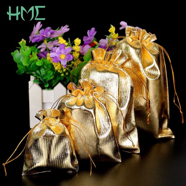 10pcs 4 tailles (7 * 9-13 * 18cm) Sacs-cadeaux Gold Silver Color Drawable Organza Souch de Noël Mariage de mariage Bijoux Craft Craft Sacs
