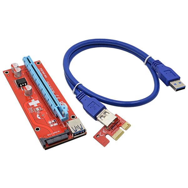 Freeshipping 10pcs 60CM PCI-E 1X a 16X Extender PCI Express Riser Card + USB 3.0 Data Cable + 15Pin SATA Female Molex Power Interface