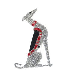 10 stks 63mm windhond broche pin helder strass zilver tone zwart en rood emaille broches dier mode-sieraden241L