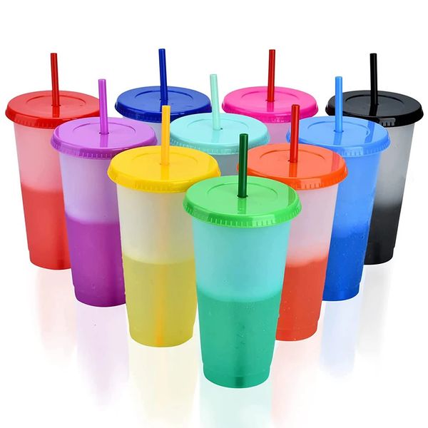 10 piezas 710 ml Taza de plástico lisa en blanco reutilizable Taza fría Taza de color Taza de color Taza de paja Vaso de plástico con pajita y tapa 24 oz 240219