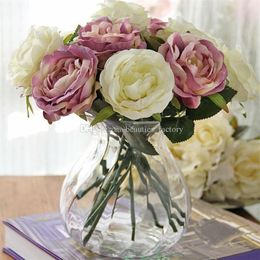 Roses artificielles en soie, 10 pièces, fausses feuilles, décor de jardin, de fête, de mariage, Rose, blanc, vert, Purple192z
