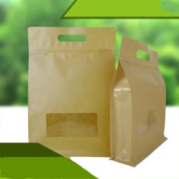 10 pièces grand sac d'emballage en papier Kraft brun avec fenêtre transparente et poignée sacs de café huit pochettes d'étanchéité latérales