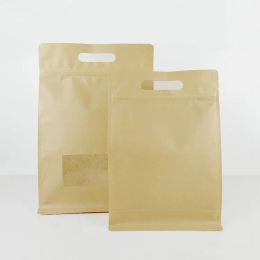 10 stks grote afmetingen bruine Kraft papieren verpakking staande tas met doorzichtig venster en handvat koffiezakken acht zijdelingse afsluitzakjes