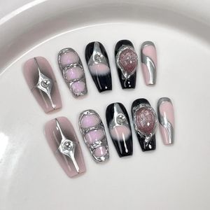 10 -stcs zwarte handgemaakte pers op nagels doodskist nep nagels volledige cover gradiënt metaal contrast kunstmatige manicure draagbare nagel tips 240522