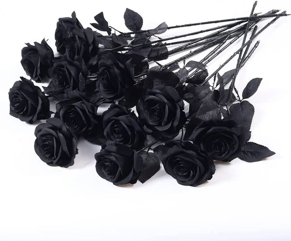 10 PCS Roses Noires Fleurs Artificielles Tige Unique Faux Fleurs De Soie Bouquet De Mariage De Mariée Réaliste Flore Flora pour La Maison Jardin Fête Halloween Décorations