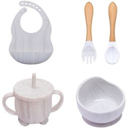 10 pièces bol ensemble un bavoir en Silicone de qualité alimentaire gratuit napperon fourchette cuillère tasse d'alimentation pour assiette pour enfants 220805