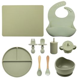 10 pièces bol ensemble sans BPA de qualité alimentaire Silicone bavoir napperon fourchette cuillère alimentation tasse pour assiette pour enfants 220512