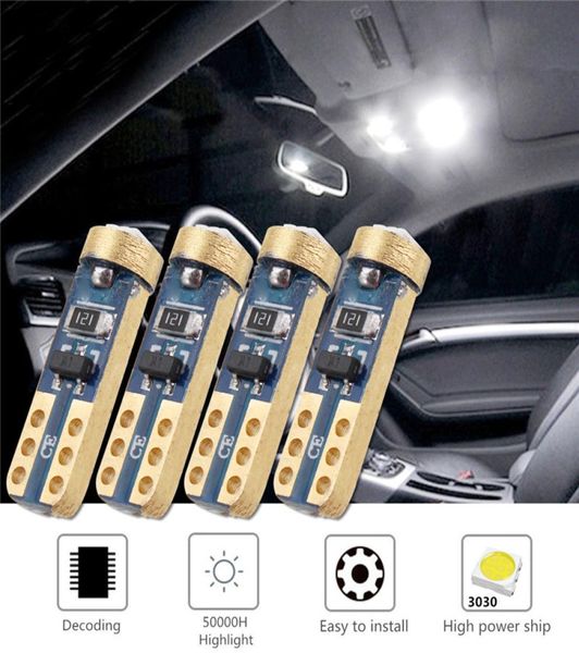 10 Uds Canbus Error T5 1 SMD 3030 LED coche Auto Readlight cuña luz lateral bombilla lámpara tablero instrumento blanco coche Styling4061636