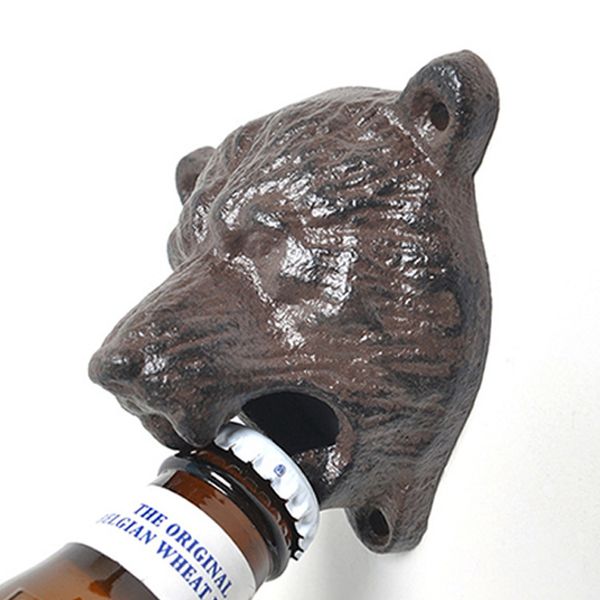 10 unids Hierro Fundido Montaje en Pared Montado Grizzly Bear Head Beer Soda Cap Abrebotellas Abridores Hanger Pub Lodge Herramienta de Cocina Herramientas Negro Marrón DH94560