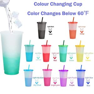 10 piezas Tazas que cambian de color con tapas y pajitas Vasos de plástico de 710 ml Taza de café helada linda Reutilizable a granel para capuchino 240314