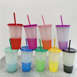 10pcs couleur changeante tasses en plastique de qualité alimentaire gobelet de paille avec couvercle 710 ml grande capacité tasse de boisson froide bouteille d'eau de mode 240314