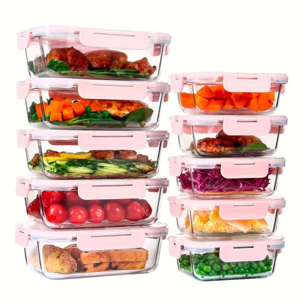 Récipient 10 pièces, couvercle de stockage des aliments trempé à haute teneur en borosilicate, récipients de préparation de repas en verre avec couvercles hermétiques étanches, pour le camping, pique-nique, bureau scolaire,